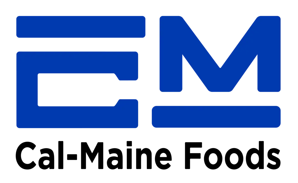 Cal-Maine Foods logo featuring a bold blue geometric “C” and “M” design with black accents.