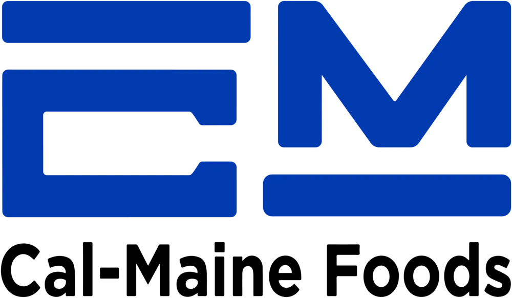Cal-Maine Foods logo featuring a bold blue geometric “C” and “M” design with black accents.