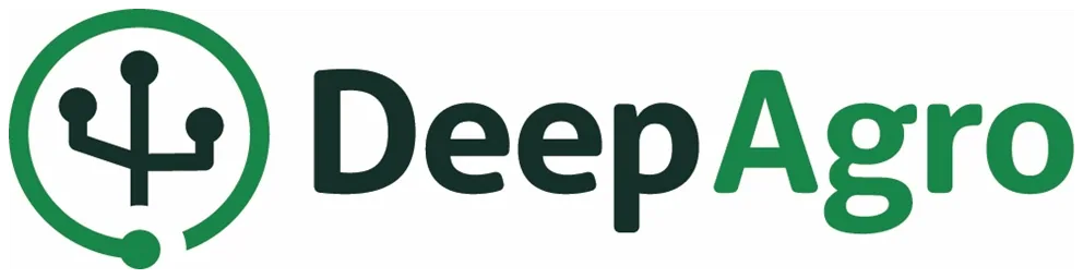 DeepAgro logo featuring a green circular technology-inspired icon beside the words “DeepAgro” in dark green and bright green.